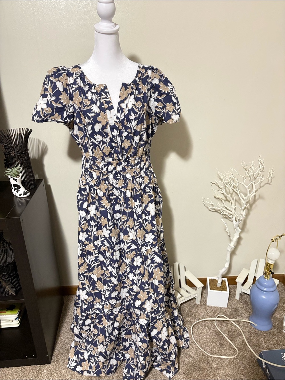 Cynthia Rowley Navy Floral Maxi Dress with Beige and White Print